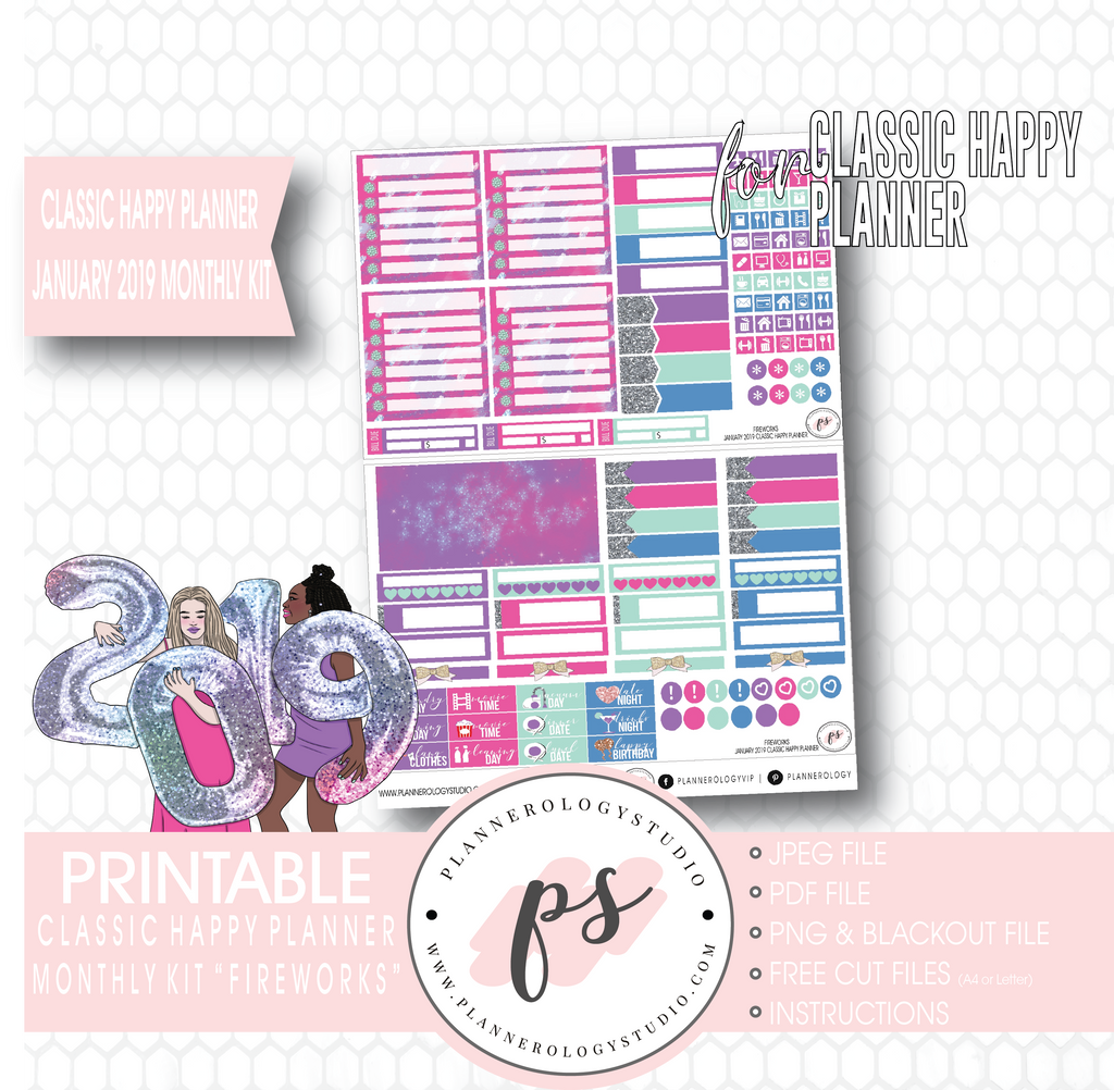 Fireworks New Years January 2019 Monthly View Kit Digital Printable Planner Stickers (for use with Classic Happy Planner) - Plannerologystudio