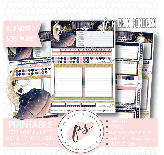 Starry Night New Years Monthly Notes Page Kit Digital Printable Planner Stickers (for use with Erin Condren) - Plannerologystudio