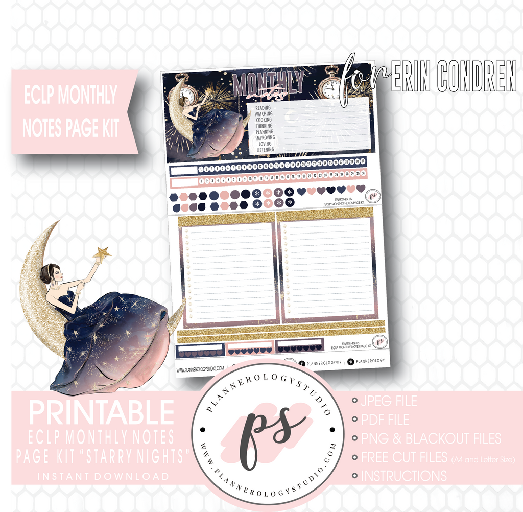 Starry Night New Years Monthly Notes Page Kit Digital Printable Planner Stickers (for use with Erin Condren) - Plannerologystudio