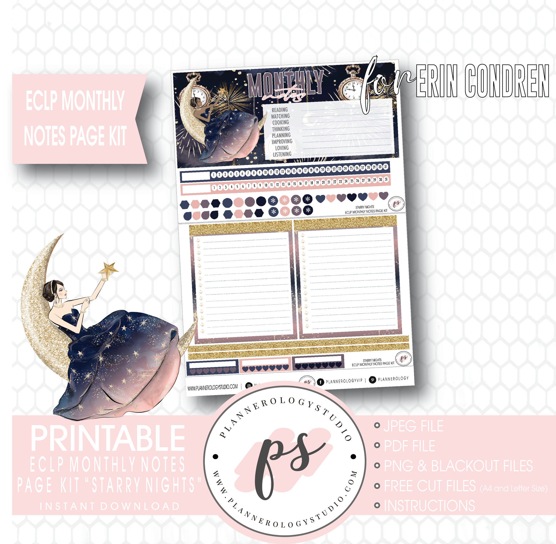 Starry Night New Years Monthly Notes Page Kit Digital Printable Planner Stickers (for use with Erin Condren) - Plannerologystudio