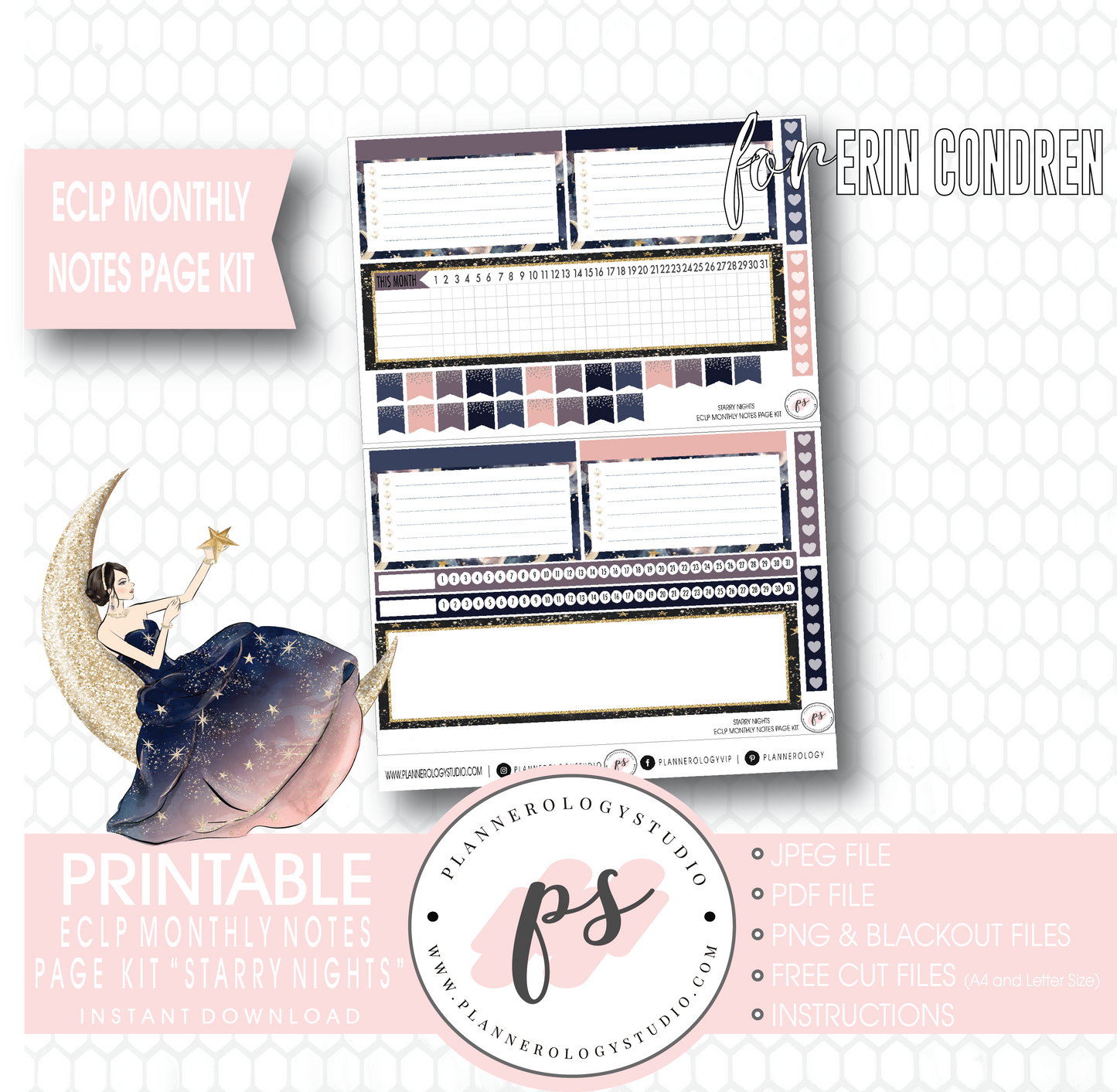 Starry Night New Years Monthly Notes Page Kit Digital Printable Planner Stickers (for use with Erin Condren) - Plannerologystudio