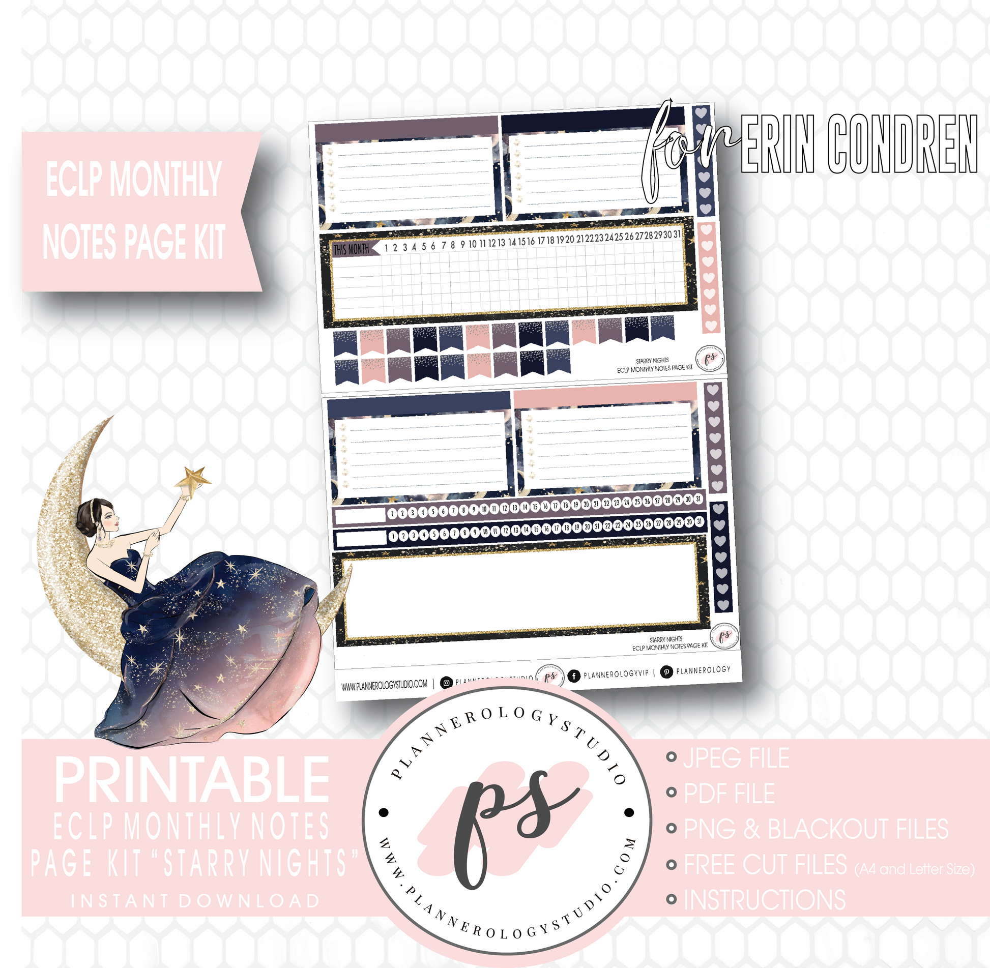 Starry Night New Years Monthly Notes Page Kit Digital Printable Planner Stickers (for use with Erin Condren) - Plannerologystudio