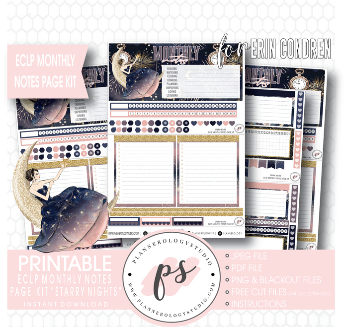 Starry Night New Years Monthly Notes Page Kit Digital Printable Planner Stickers (for use with Erin Condren) - Plannerologystudio