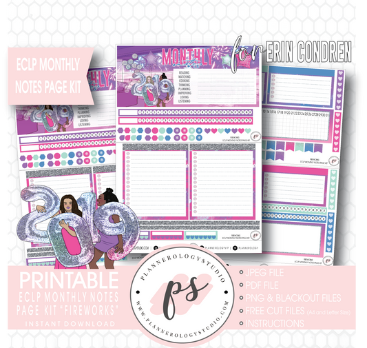 Fireworks New Years Monthly Notes Page Kit Digital Printable Planner Stickers (for use with Erin Condren) - Plannerologystudio