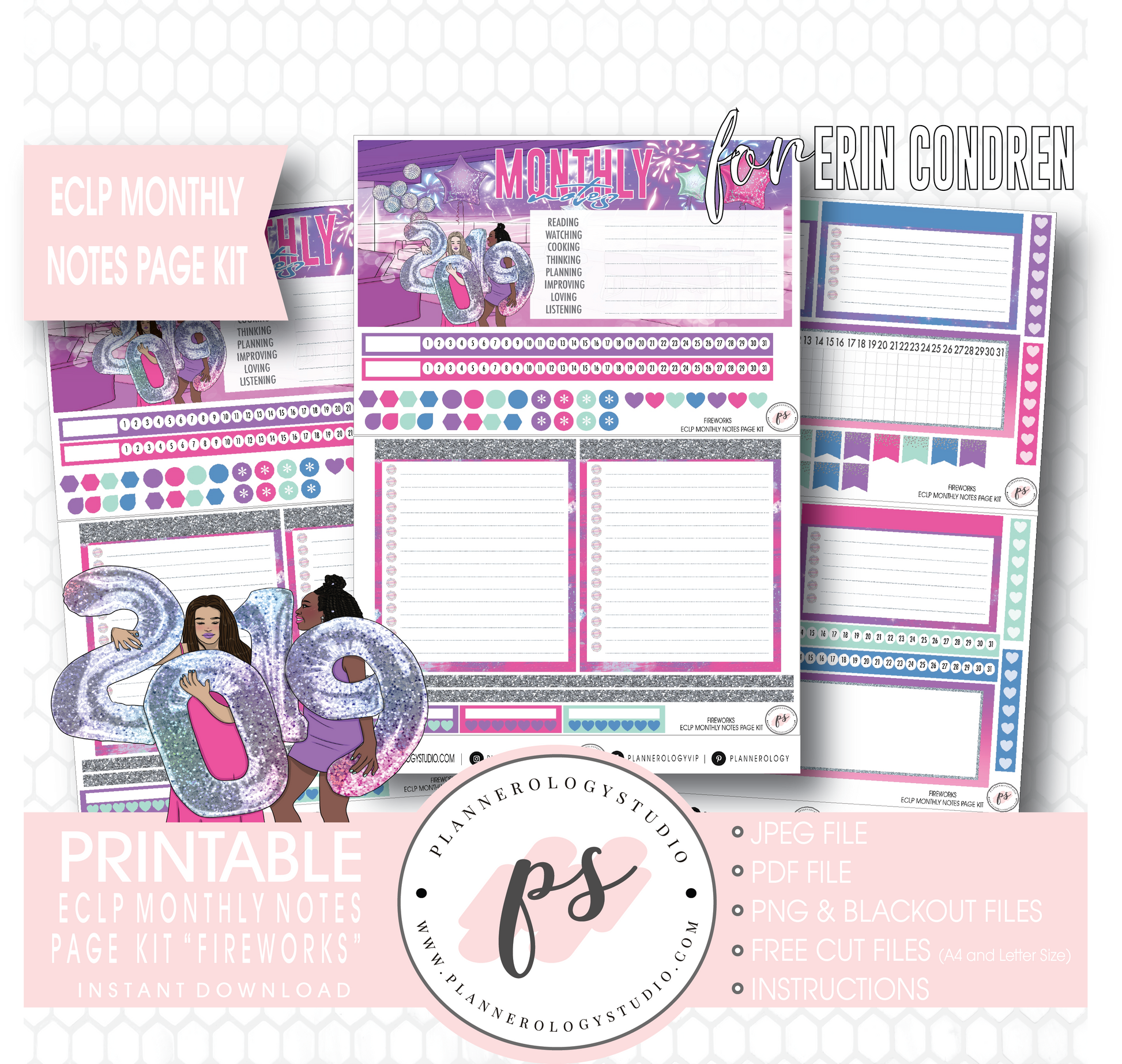 Fireworks New Years Monthly Notes Page Kit Digital Printable Planner Stickers (for use with Erin Condren) - Plannerologystudio