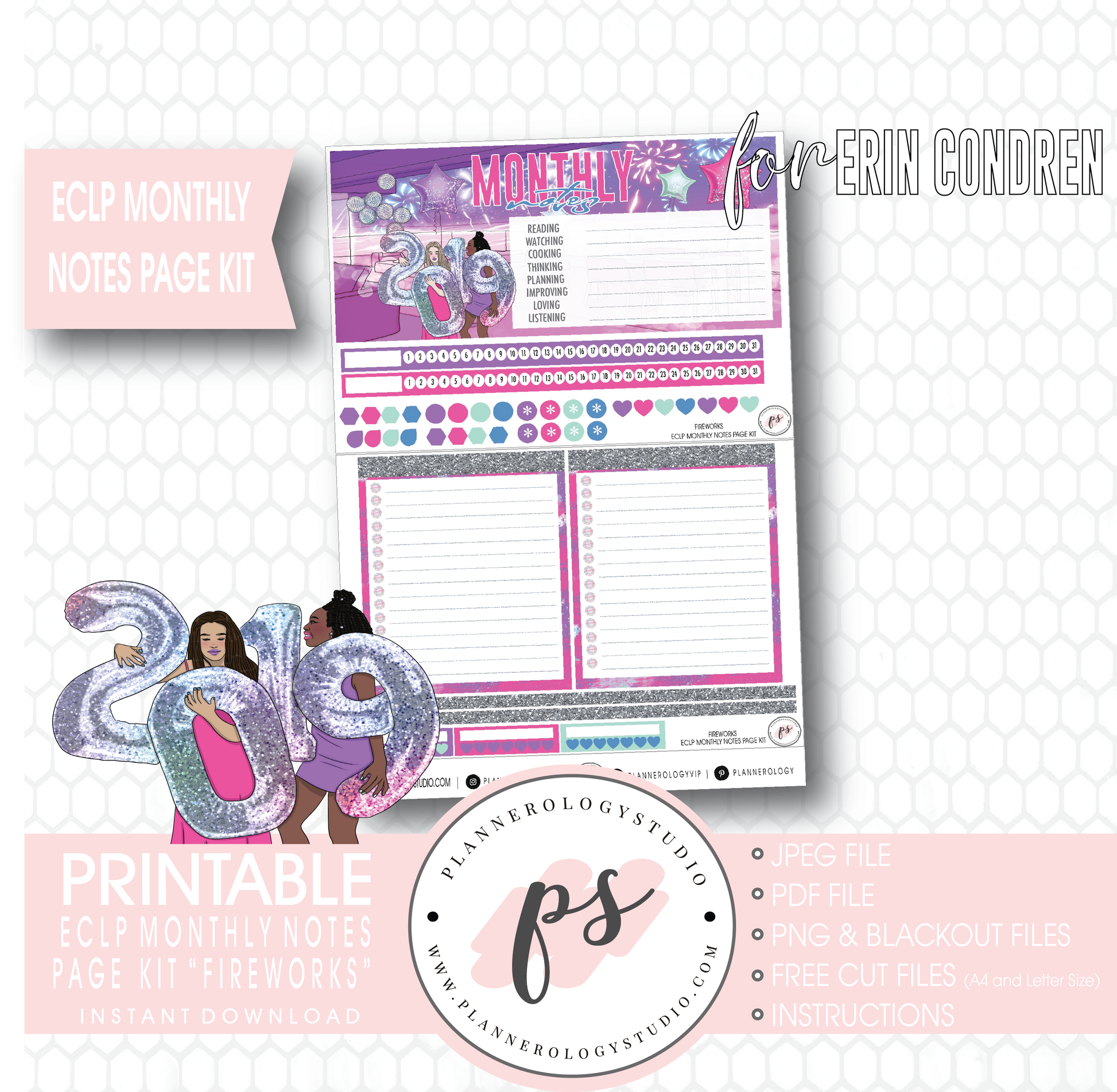 Fireworks New Years Monthly Notes Page Kit Digital Printable Planner Stickers (for use with Erin Condren) - Plannerologystudio
