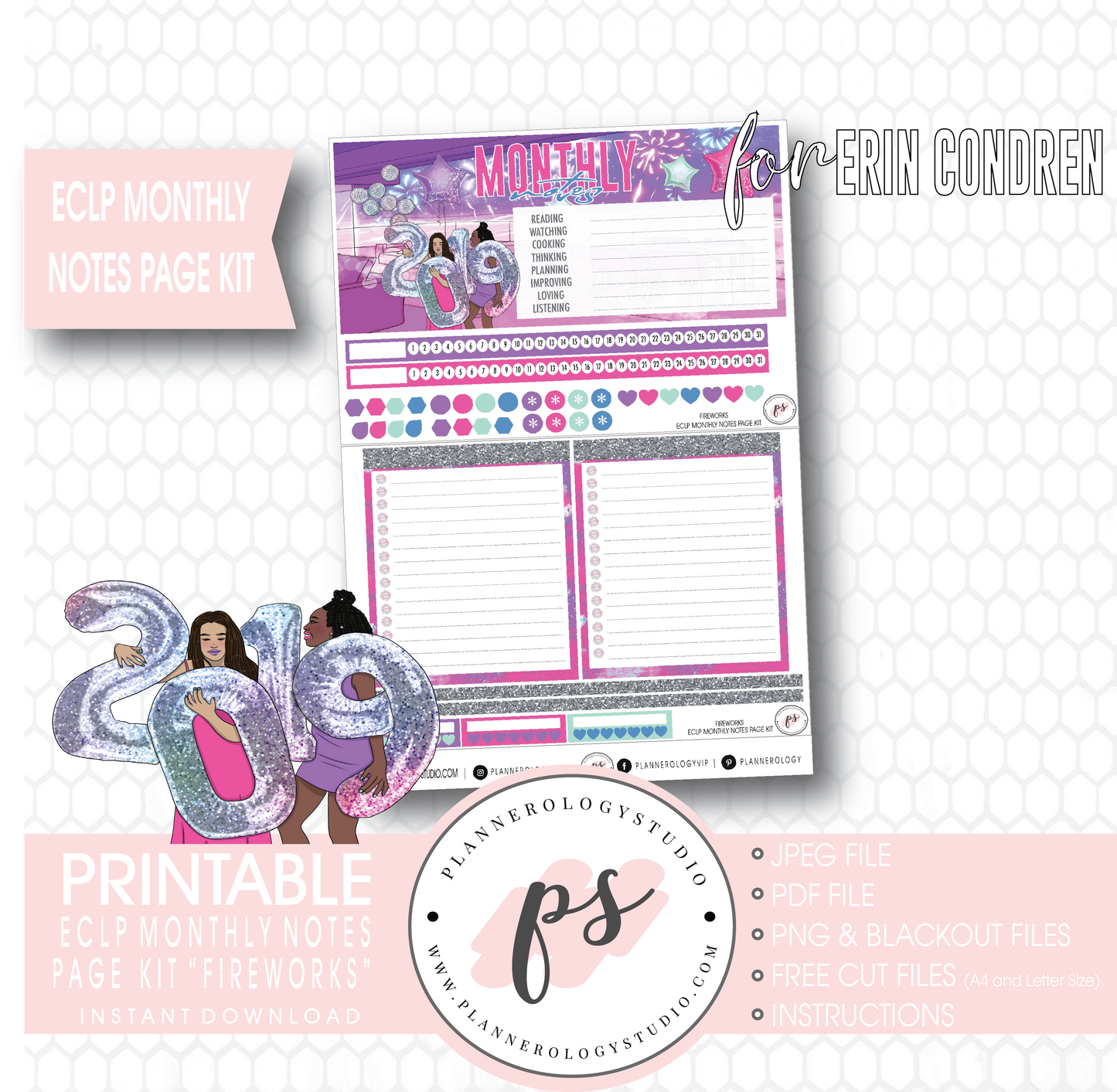 Fireworks New Years Monthly Notes Page Kit Digital Printable Planner Stickers (for use with Erin Condren) - Plannerologystudio