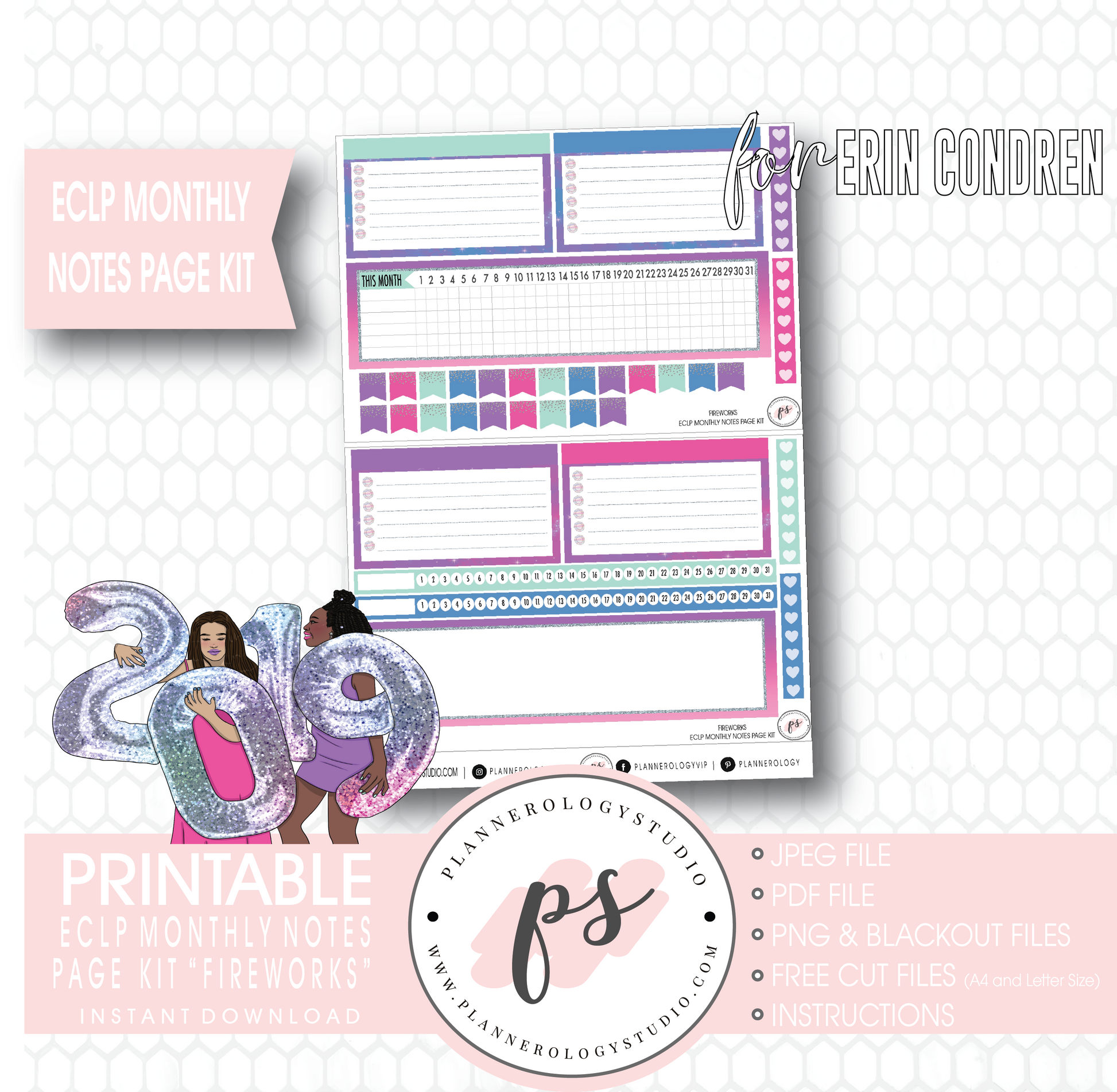 Fireworks New Years Monthly Notes Page Kit Digital Printable Planner Stickers (for use with Erin Condren) - Plannerologystudio