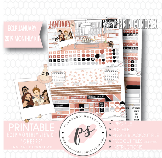 Cheers New Years January 2019 Monthly View Kit Digital Printable Planner Stickers (for use with Erin Condren) - Plannerologystudio