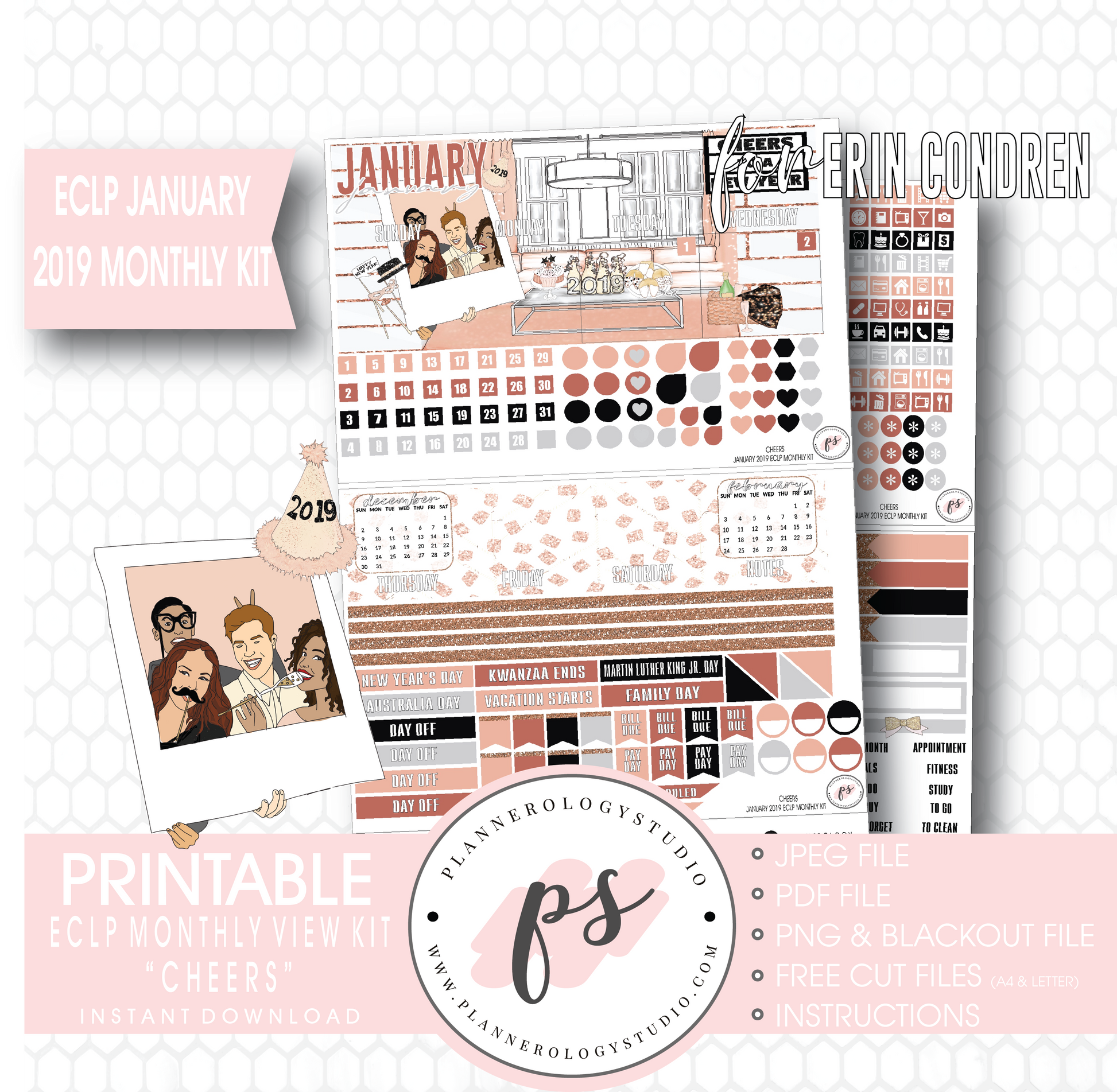 Cheers New Years January 2019 Monthly View Kit Digital Printable Planner Stickers (for use with Erin Condren) - Plannerologystudio