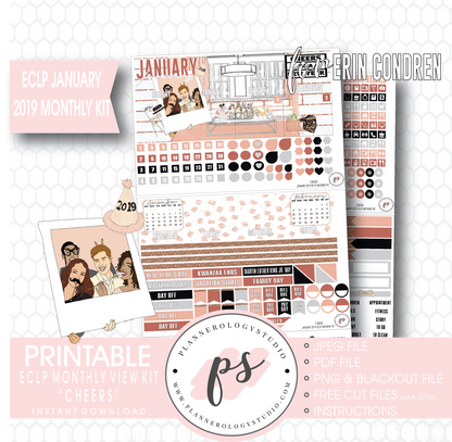 Cheers New Years January 2019 Monthly View Kit Digital Printable Planner Stickers (for use with Erin Condren) - Plannerologystudio