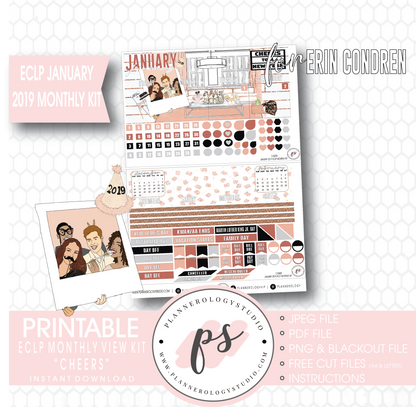 Cheers New Years January 2019 Monthly View Kit Digital Printable Planner Stickers (for use with Erin Condren) - Plannerologystudio