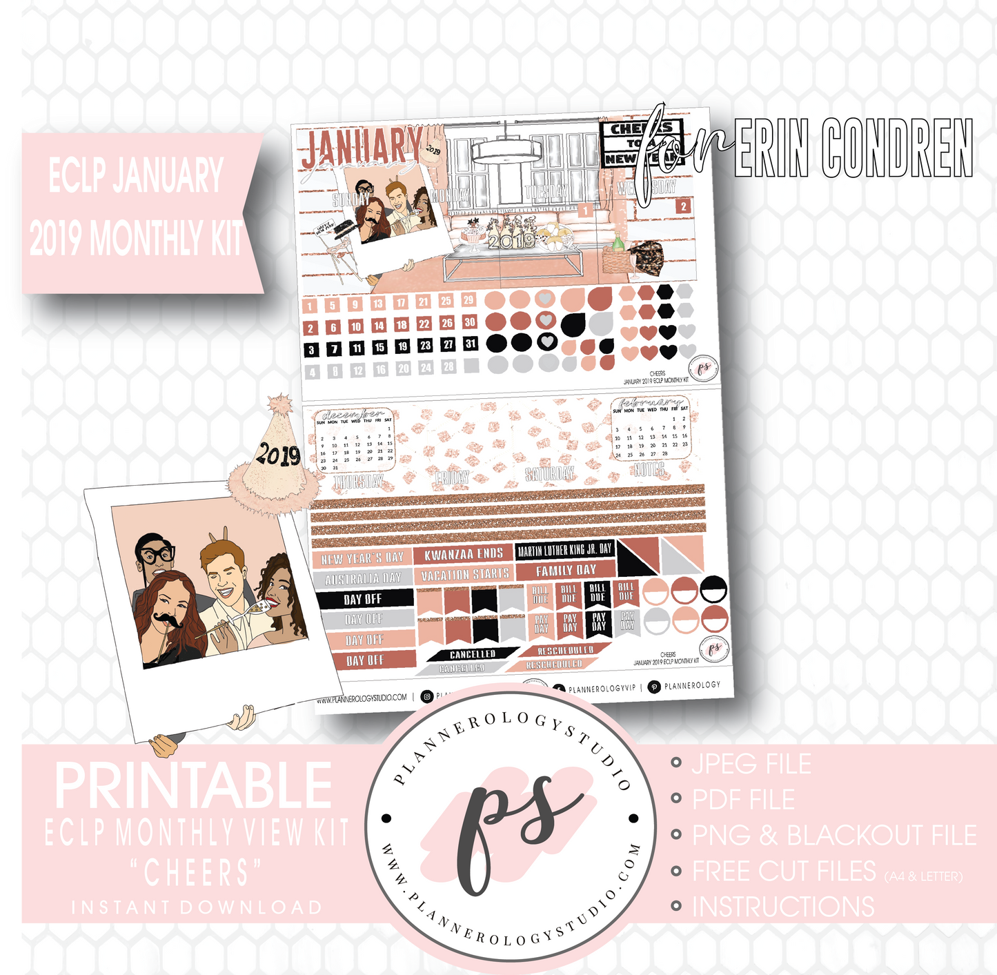 Cheers New Years January 2019 Monthly View Kit Digital Printable Planner Stickers (for use with Erin Condren) - Plannerologystudio