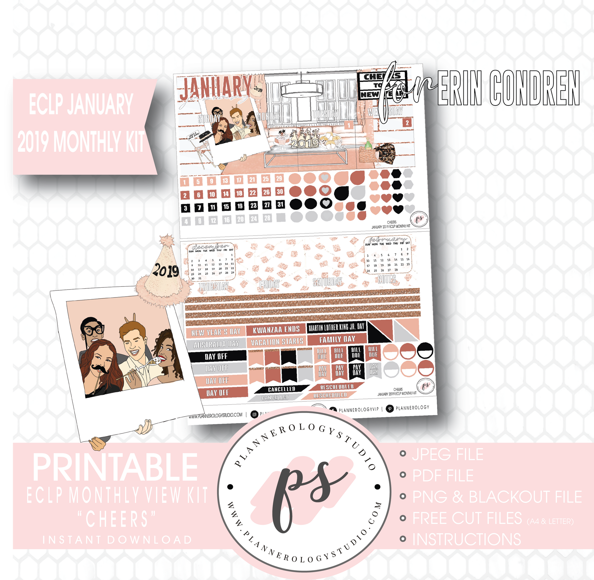Cheers New Years January 2019 Monthly View Kit Digital Printable Planner Stickers (for use with Erin Condren) - Plannerologystudio