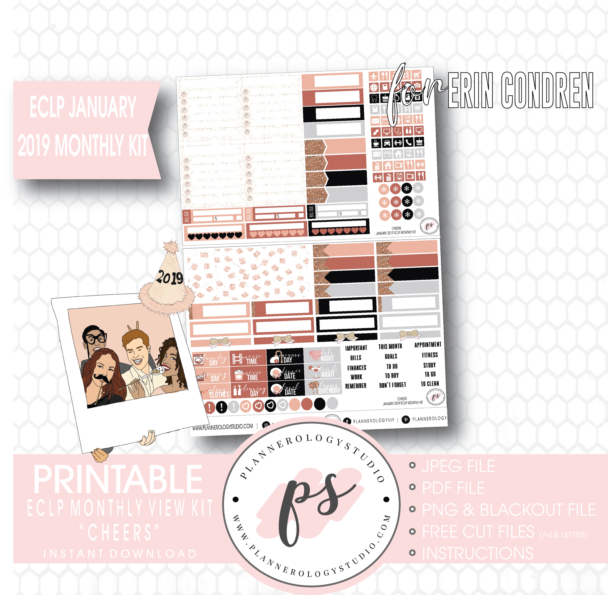 Cheers New Years January 2019 Monthly View Kit Digital Printable Planner Stickers (for use with Erin Condren) - Plannerologystudio