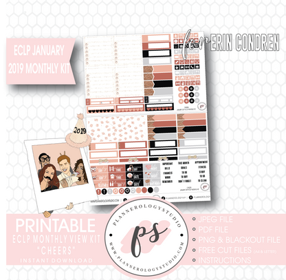 Cheers New Years January 2019 Monthly View Kit Digital Printable Planner Stickers (for use with Erin Condren) - Plannerologystudio