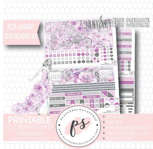 Cinderella New Years January 2019 Monthly View Kit Digital Printable Planner Stickers (for use with Erin Condren) - Plannerologystudio