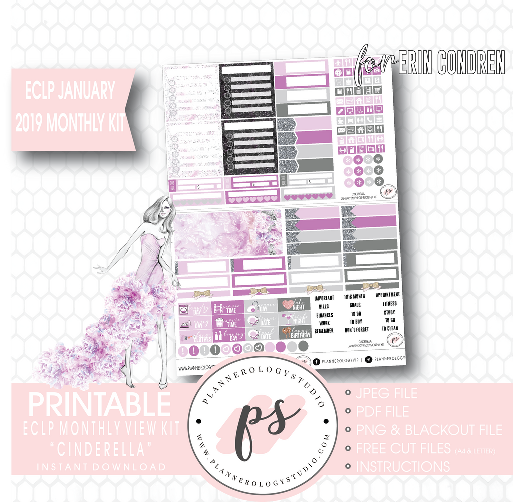Cinderella New Years January 2019 Monthly View Kit Digital Printable Planner Stickers (for use with Erin Condren) - Plannerologystudio