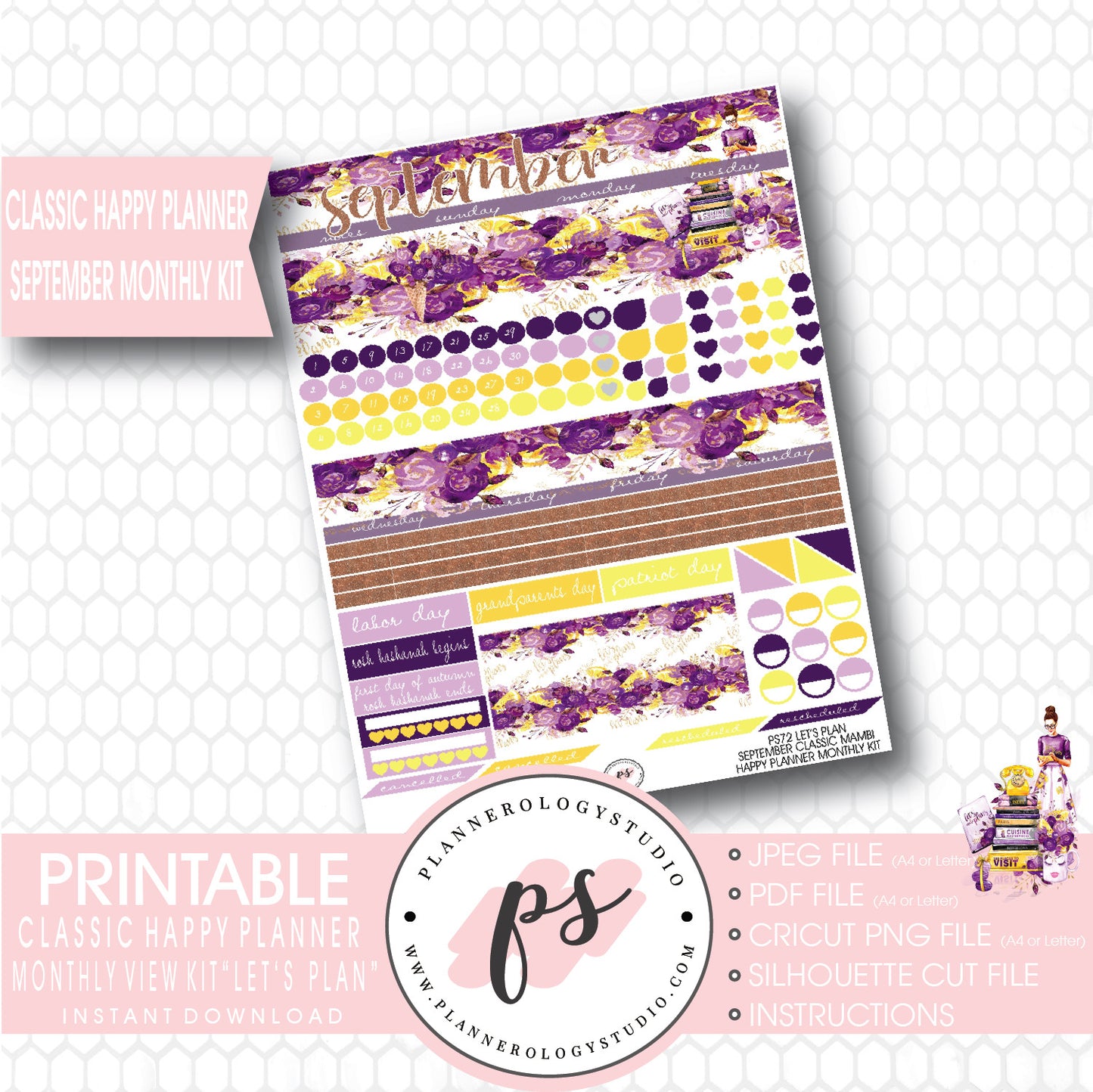 "Let's Plan" September 2017 Monthly View Kit Printable Planner Stickers (for use with Mambi Classic Happy Planner) - Plannerologystudio