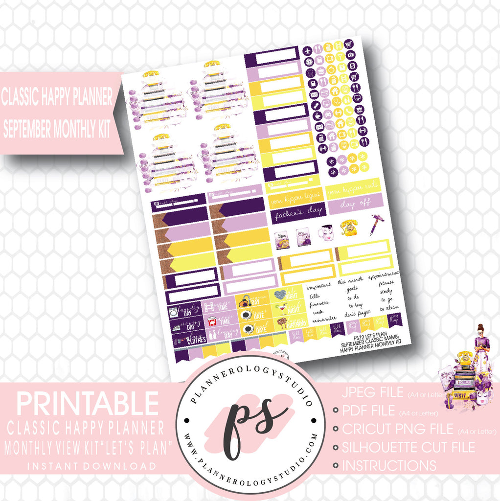 "Let's Plan" September 2017 Monthly View Kit Printable Planner Stickers (for use with Mambi Classic Happy Planner) - Plannerologystudio