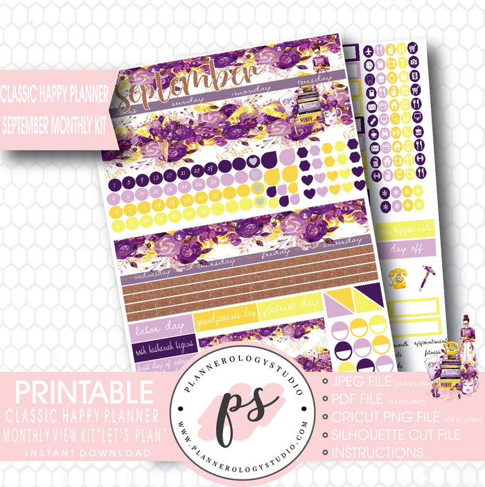 "Let's Plan" September 2017 Monthly View Kit Printable Planner Stickers (for use with Mambi Classic Happy Planner) - Plannerologystudio