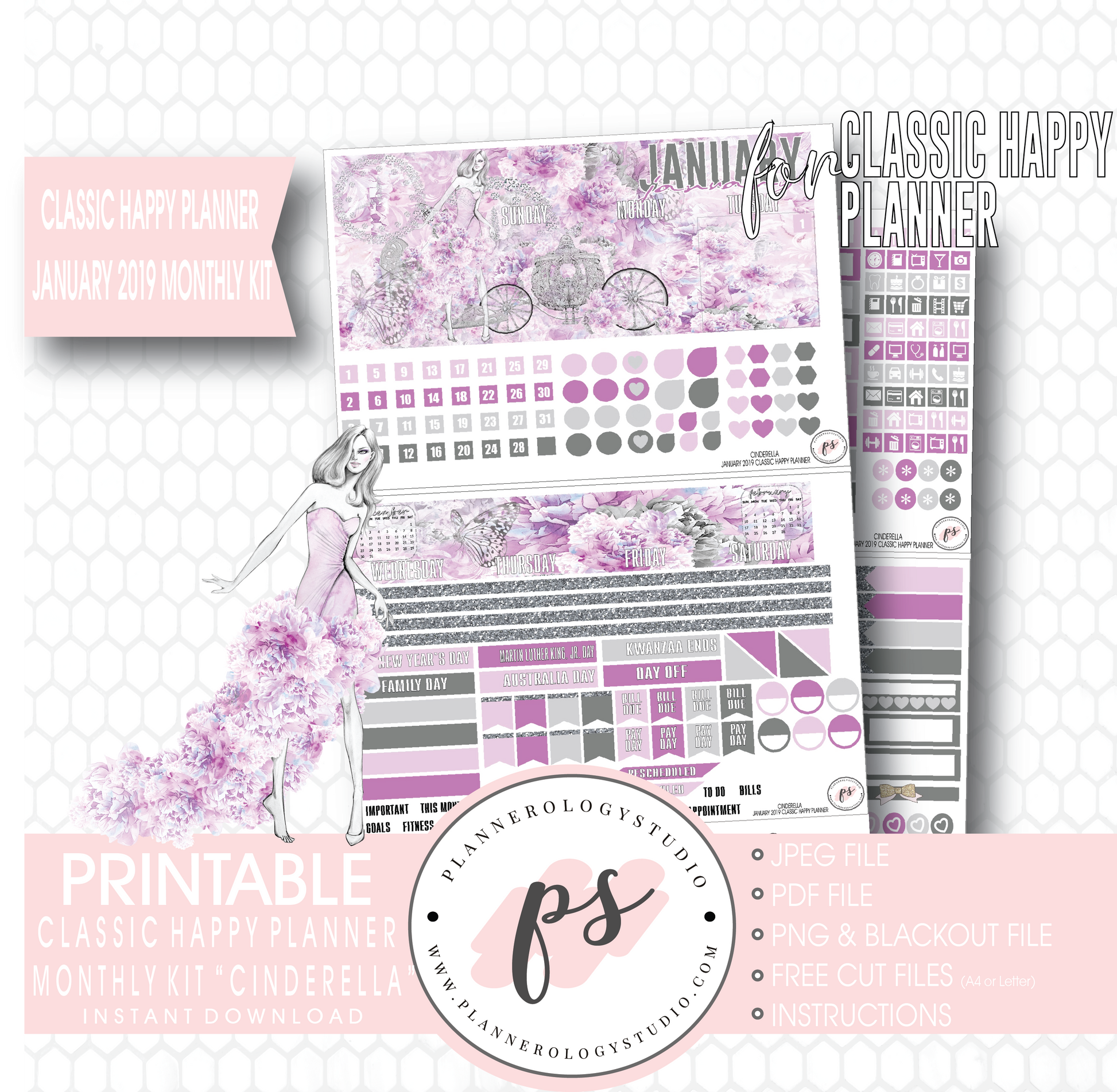Cinderella New Years January 2019 Monthly View Kit Digital Printable Planner Stickers (for use with Classic Happy Planner) - Plannerologystudio