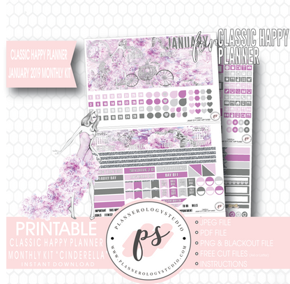 Cinderella New Years January 2019 Monthly View Kit Digital Printable Planner Stickers (for use with Classic Happy Planner) - Plannerologystudio