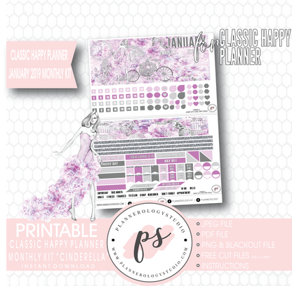 Cinderella New Years January 2019 Monthly View Kit Digital Printable Planner Stickers (for use with Classic Happy Planner) - Plannerologystudio