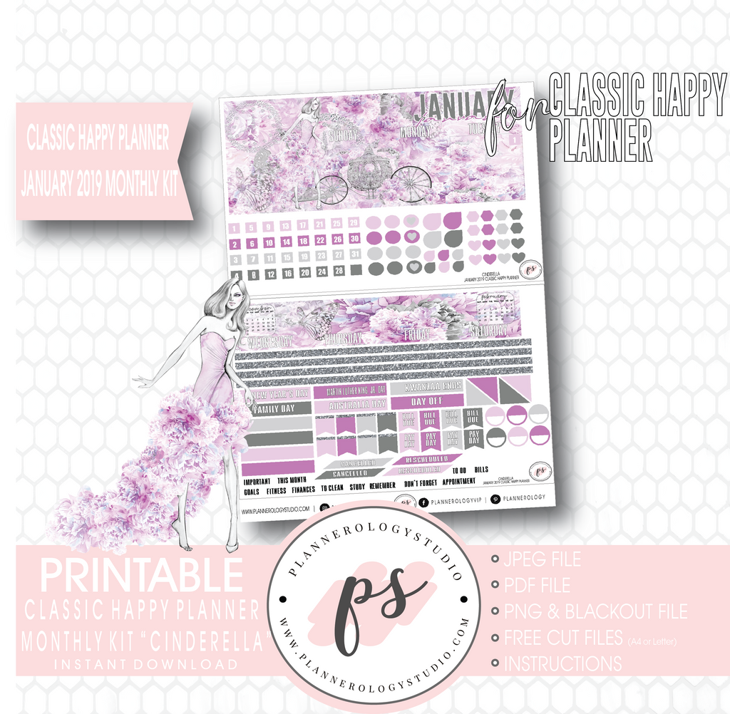 Cinderella New Years January 2019 Monthly View Kit Digital Printable Planner Stickers (for use with Classic Happy Planner) - Plannerologystudio