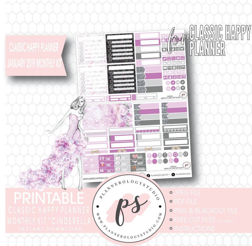 Cinderella New Years January 2019 Monthly View Kit Digital Printable Planner Stickers (for use with Classic Happy Planner) - Plannerologystudio