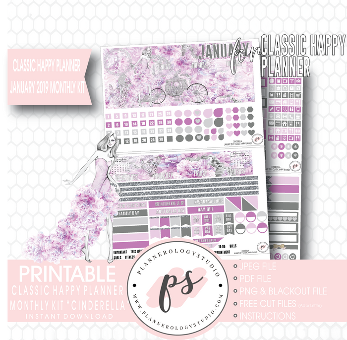 Cinderella New Years January 2019 Monthly View Kit Digital Printable Planner Stickers (for use with Classic Happy Planner) - Plannerologystudio