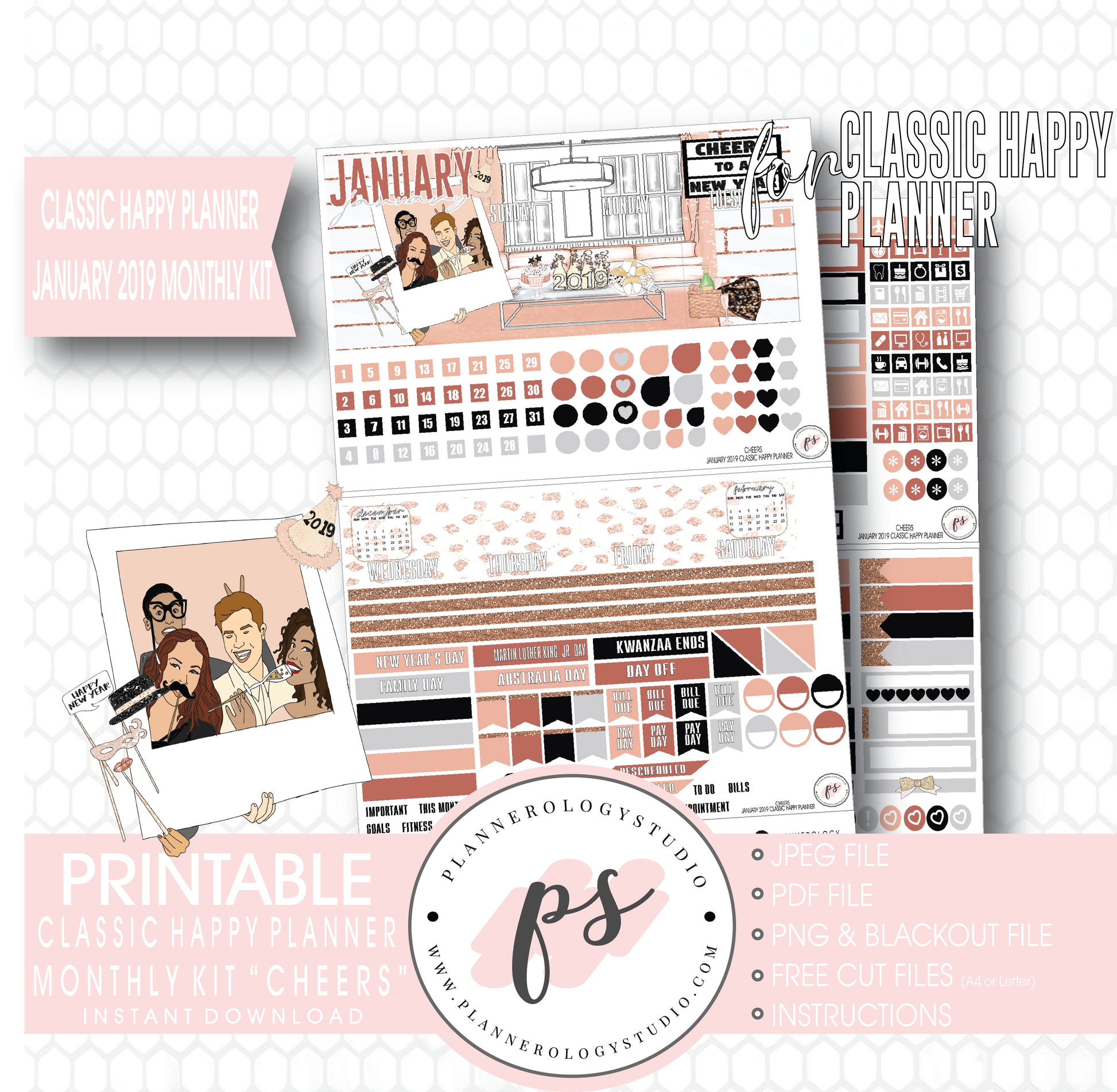 Cheers New Years January 2019 Monthly View Kit Digital Printable Planner Stickers (for use with Classic Happy Planner) - Plannerologystudio