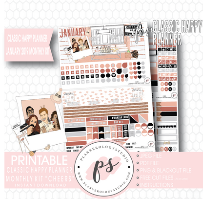 Cheers New Years January 2019 Monthly View Kit Digital Printable Planner Stickers (for use with Classic Happy Planner) - Plannerologystudio