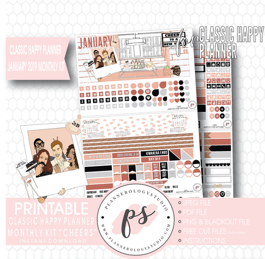 Cheers New Years January 2019 Monthly View Kit Digital Printable Planner Stickers (for use with Classic Happy Planner) - Plannerologystudio