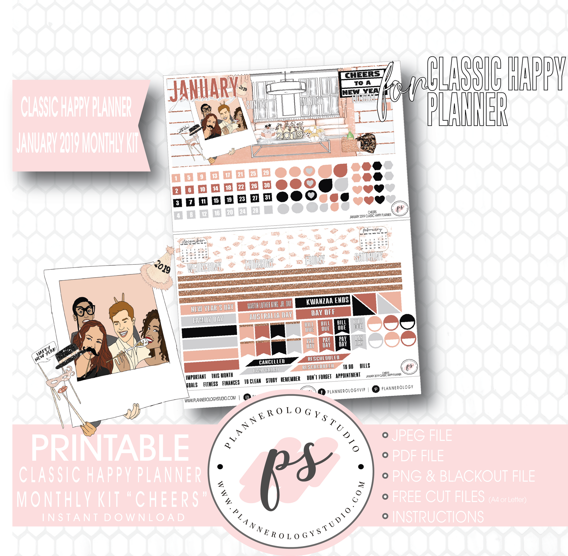 Cheers New Years January 2019 Monthly View Kit Digital Printable Planner Stickers (for use with Classic Happy Planner) - Plannerologystudio