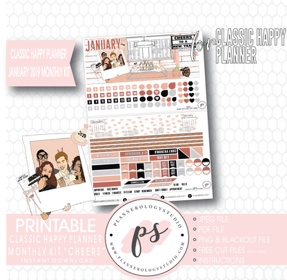 Cheers New Years January 2019 Monthly View Kit Digital Printable Planner Stickers (for use with Classic Happy Planner) - Plannerologystudio