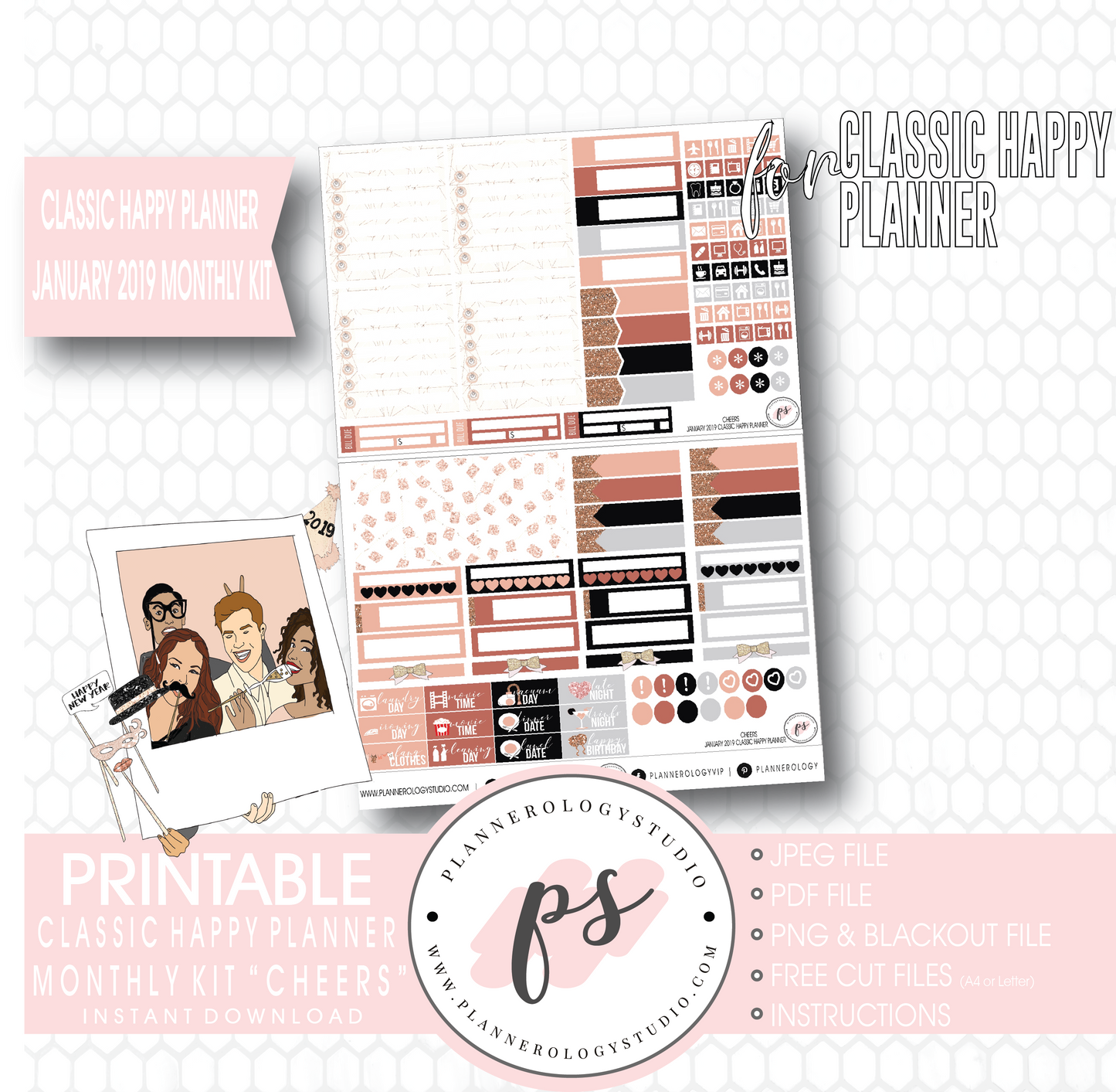 Cheers New Years January 2019 Monthly View Kit Digital Printable Planner Stickers (for use with Classic Happy Planner) - Plannerologystudio