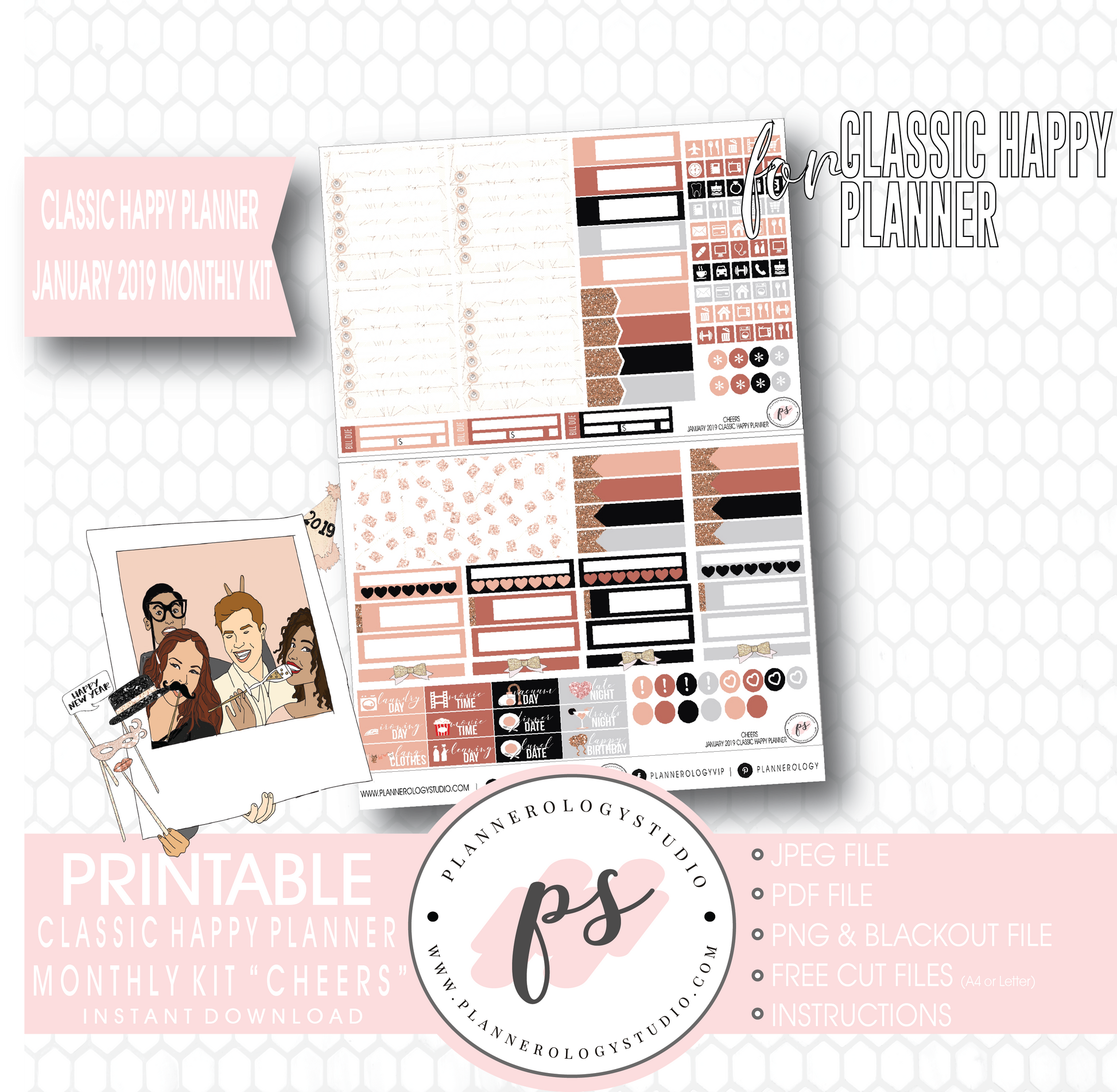 Cheers New Years January 2019 Monthly View Kit Digital Printable Planner Stickers (for use with Classic Happy Planner) - Plannerologystudio