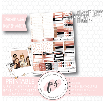 Cheers New Years January 2019 Monthly View Kit Digital Printable Planner Stickers (for use with Classic Happy Planner) - Plannerologystudio