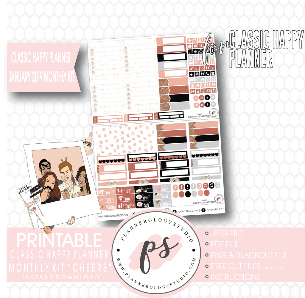 Cheers New Years January 2019 Monthly View Kit Digital Printable Planner Stickers (for use with Classic Happy Planner) - Plannerologystudio