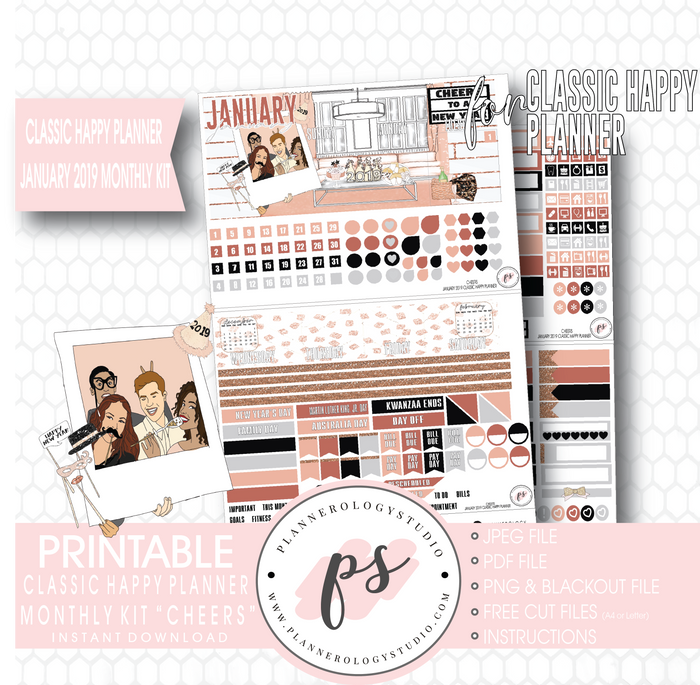Cheers New Years January 2019 Monthly View Kit Digital Printable Planner Stickers (for use with Classic Happy Planner) - Plannerologystudio