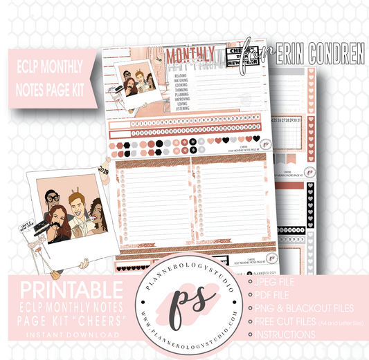 Cheers New Years Monthly Notes Page Kit Digital Printable Planner Stickers (for use with Erin Condren) - Plannerologystudio