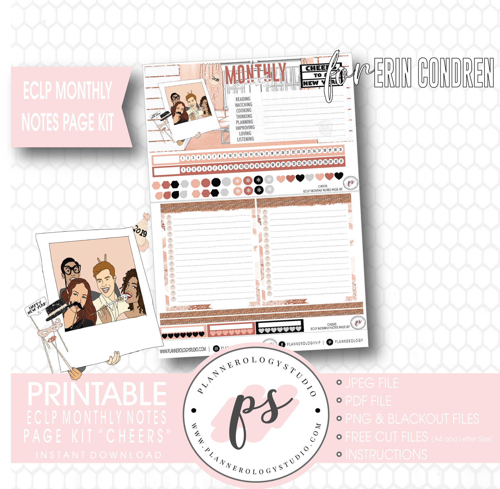 Cheers New Years Monthly Notes Page Kit Digital Printable Planner Stickers (for use with Erin Condren) - Plannerologystudio