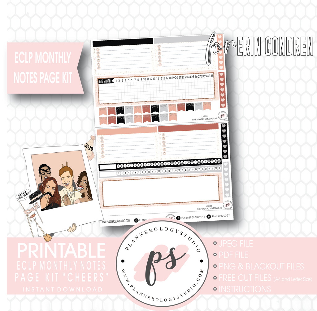 Cheers New Years Monthly Notes Page Kit Digital Printable Planner Stickers (for use with Erin Condren) - Plannerologystudio