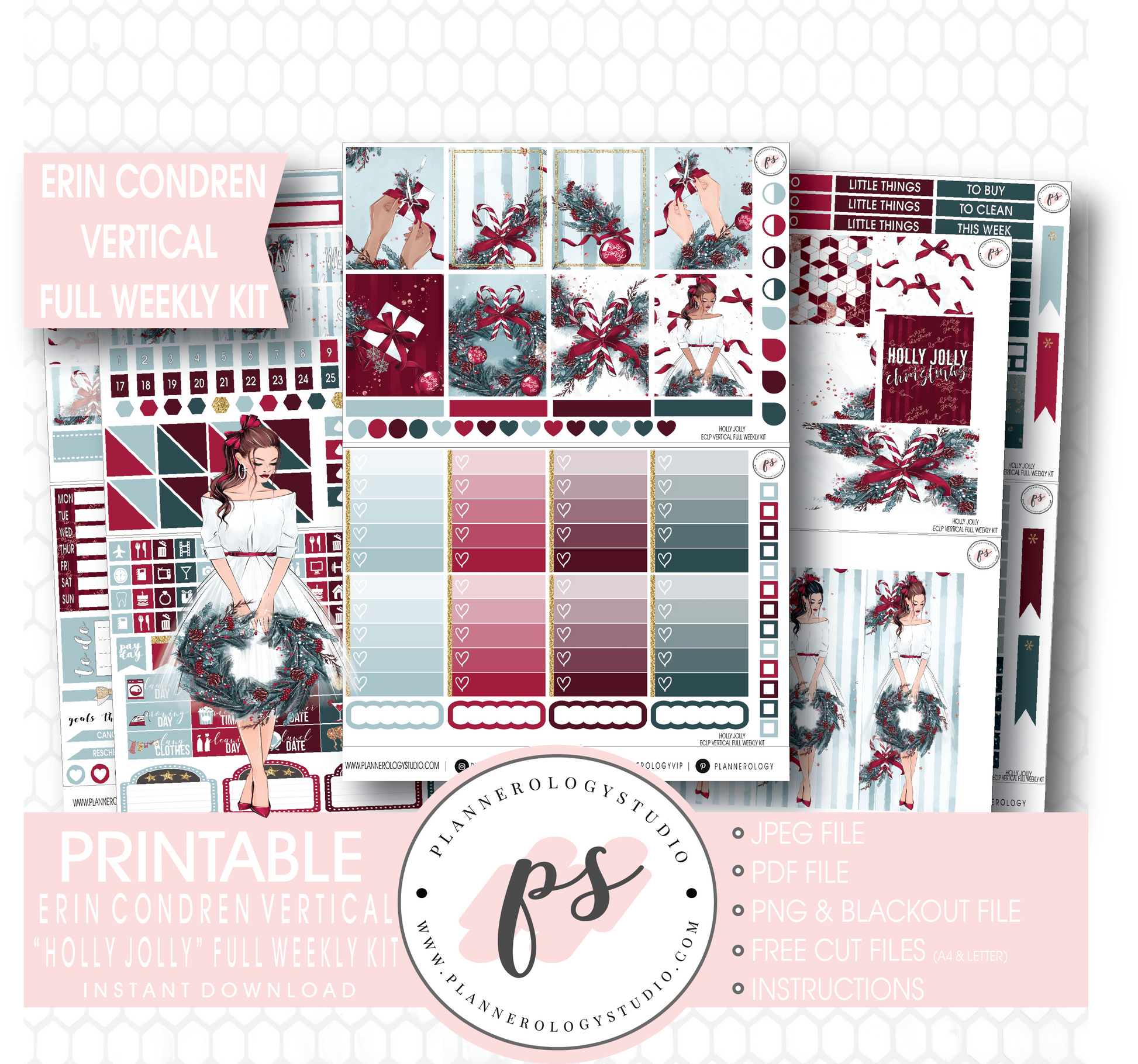 Holly Jolly Christmas Full Weekly Kit Printable Planner Stickers (for use with Erin Condren Vertical) - Plannerologystudio