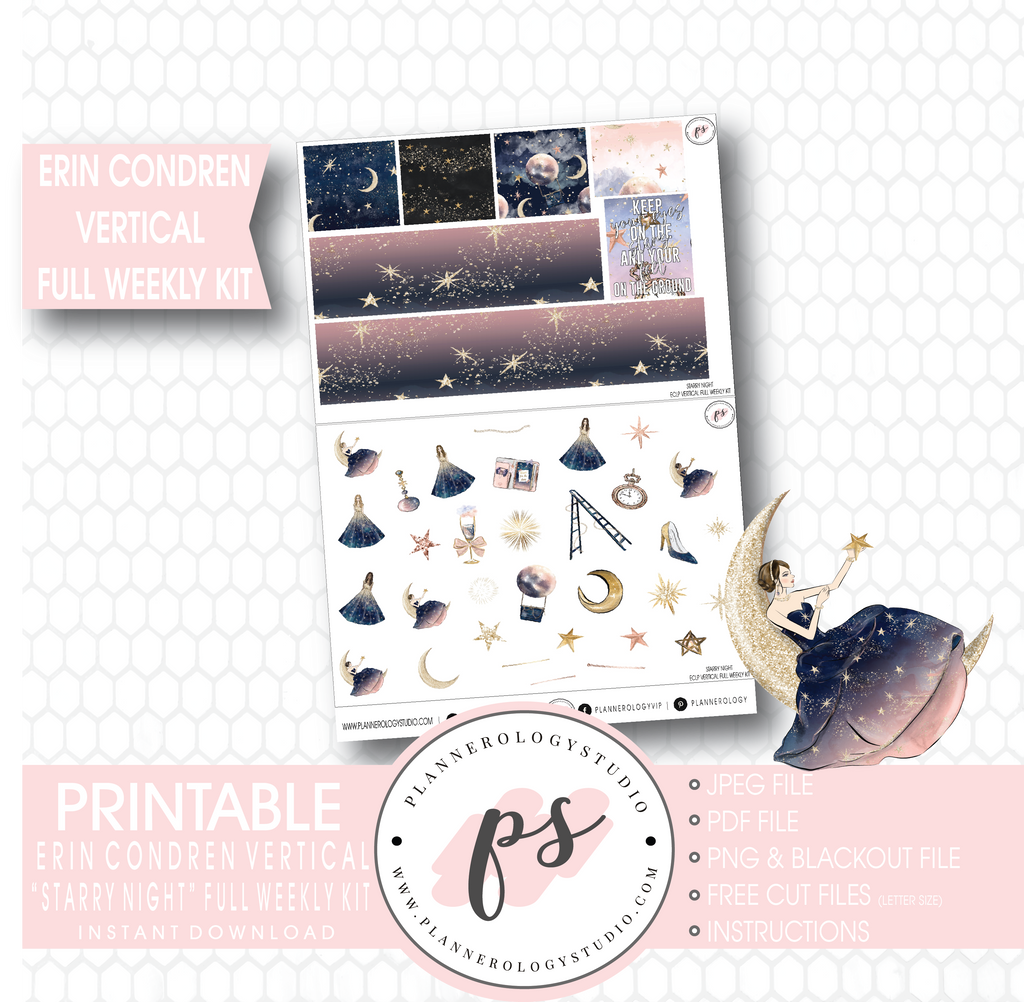 Starry Night Full Weekly Kit Printable Planner Stickers (for use with Erin Condren Vertical) - Plannerologystudio