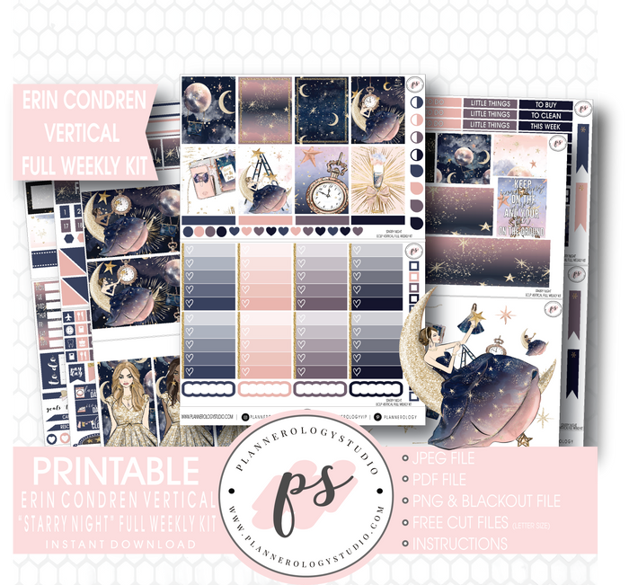 Starry Night Full Weekly Kit Printable Planner Stickers (for use with Erin Condren Vertical) - Plannerologystudio