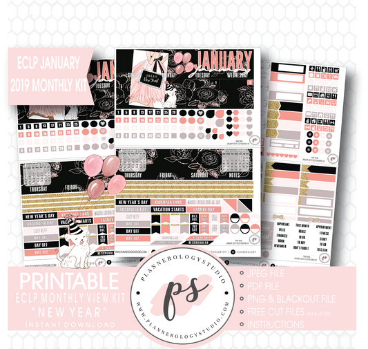New Year January 2019 Monthly View Kit Digital Printable Planner Stickers (for use with Erin Condren) - Plannerologystudio