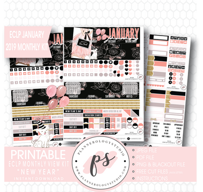 New Year January 2019 Monthly View Kit Digital Printable Planner Stickers (for use with Erin Condren) - Plannerologystudio