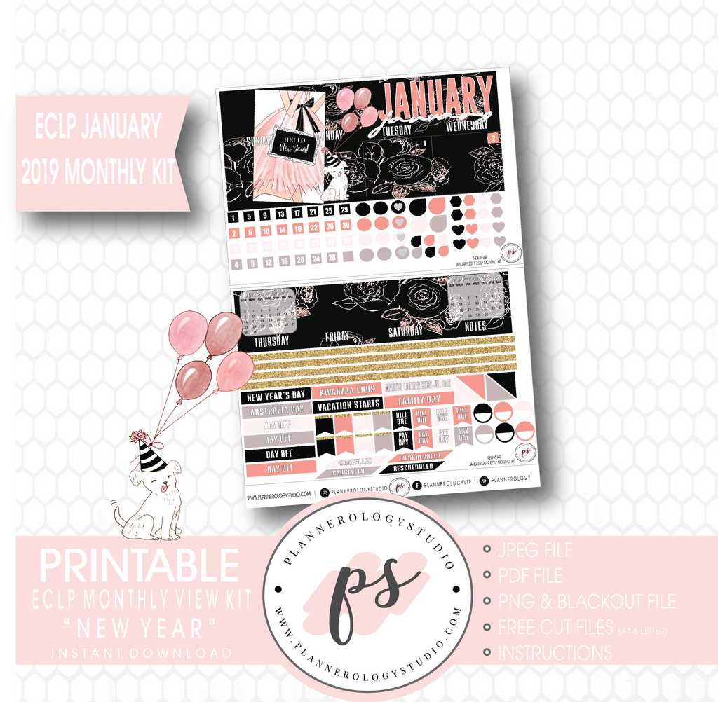 New Year January 2019 Monthly View Kit Digital Printable Planner Stickers (for use with Erin Condren) - Plannerologystudio